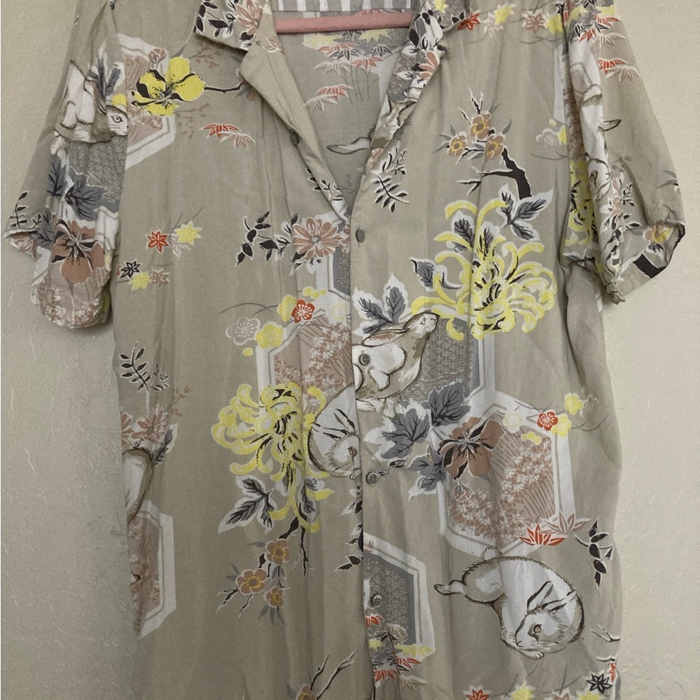 Denim & Flower Tan and Yellow Casual Button Down Shirt with Floral Design